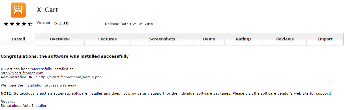 X-Cart successful installation via Softaculous