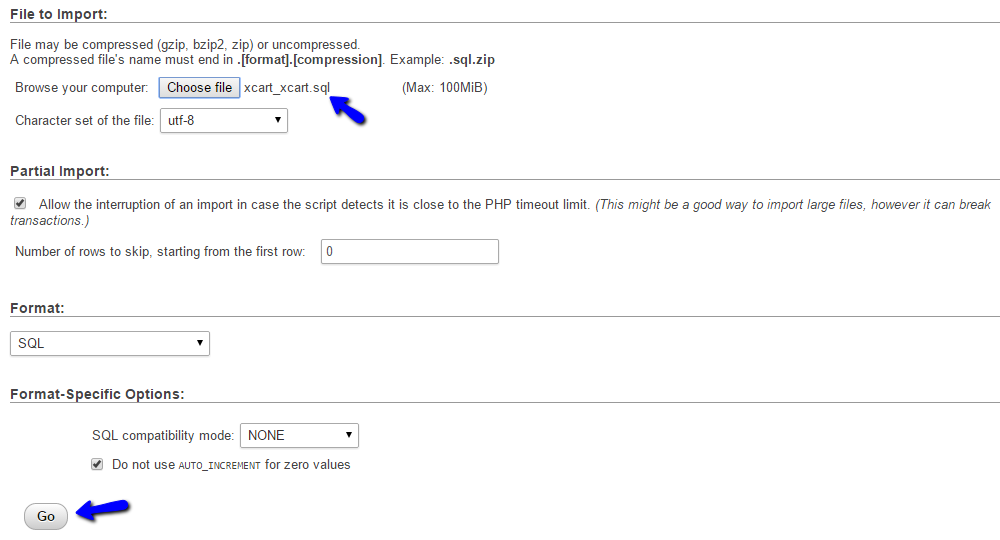 Select database dump for import via phpMyAdmin