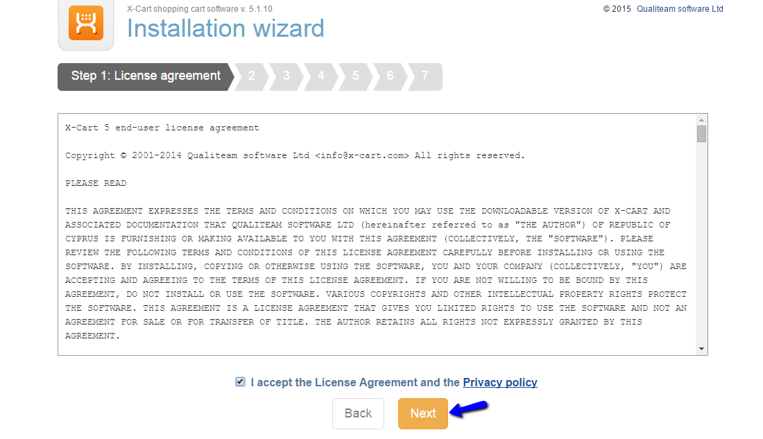 X-Cart license agreement during installation