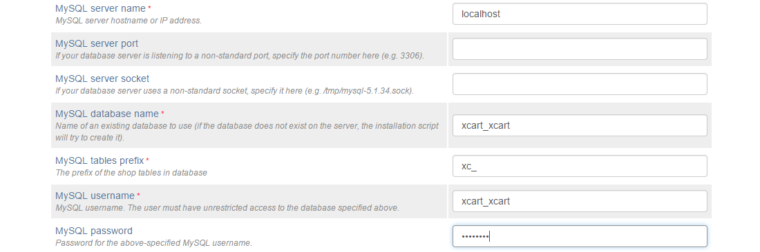 X-Cart database configuration during install