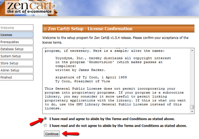 Accepting the Zen Cart Terms and Conditions