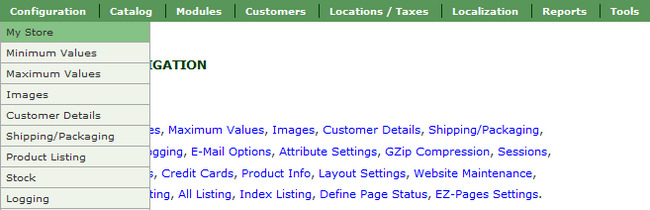 Accessing the My Store section in Zen Cart