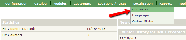 Accessing the Currencies menu in Zen Cart
