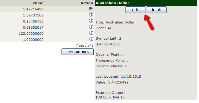 Editing an existing Currency in Zen Cart