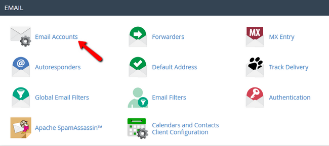 Accessing the Email Accounts section in cPanel