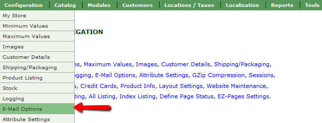 Accessing the e-mail Options menu in Zen Cart