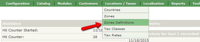 Accessing the Zones Definitions section in Zen Cart
