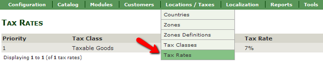 Accessing the Tax Rates menu in Zen Cart