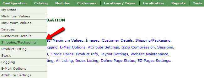 Accessing the Shipping/Packaging section in Zen Cart