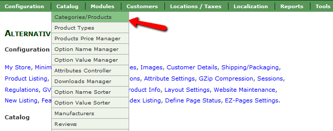 Accessing the Categories menu in Zen Cart
