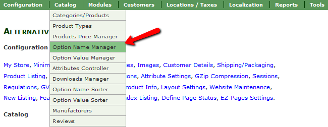 Accessing the Option Name Manager Menu in Zen Cart