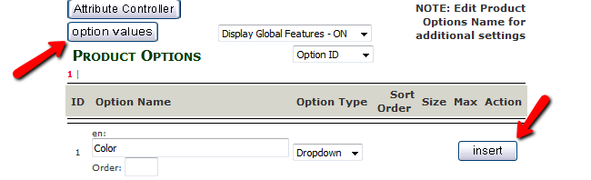 Inserting an Option Name and navigating to the Option Value menu