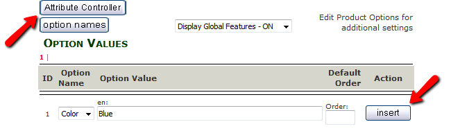 Inserting an Option Value and navigating to the Attribute Controller menu