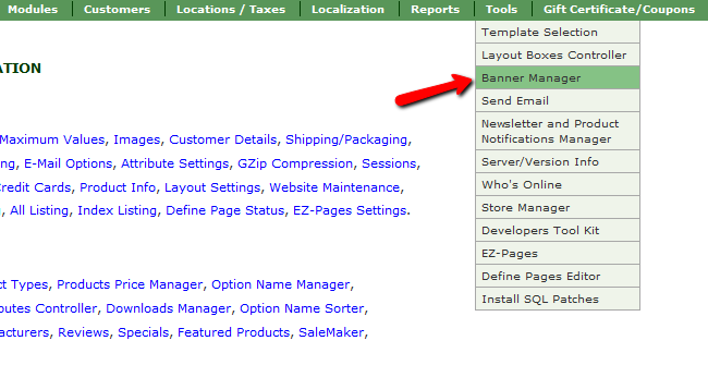 Accessing the Banner Manager in Zen Cart