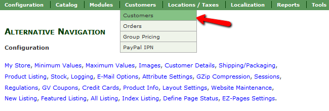 Accessing the Customers menu in Zen Cart