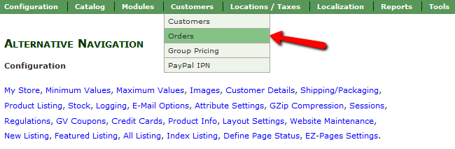 Accessing the Orders menu in Zen Cart