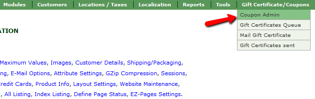 Accessing the Coupon Admin in Zen Cart