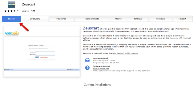 Install Zeuscart via Softaculous