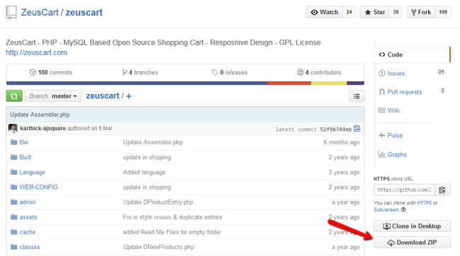 Downloading ZeusCart from github
